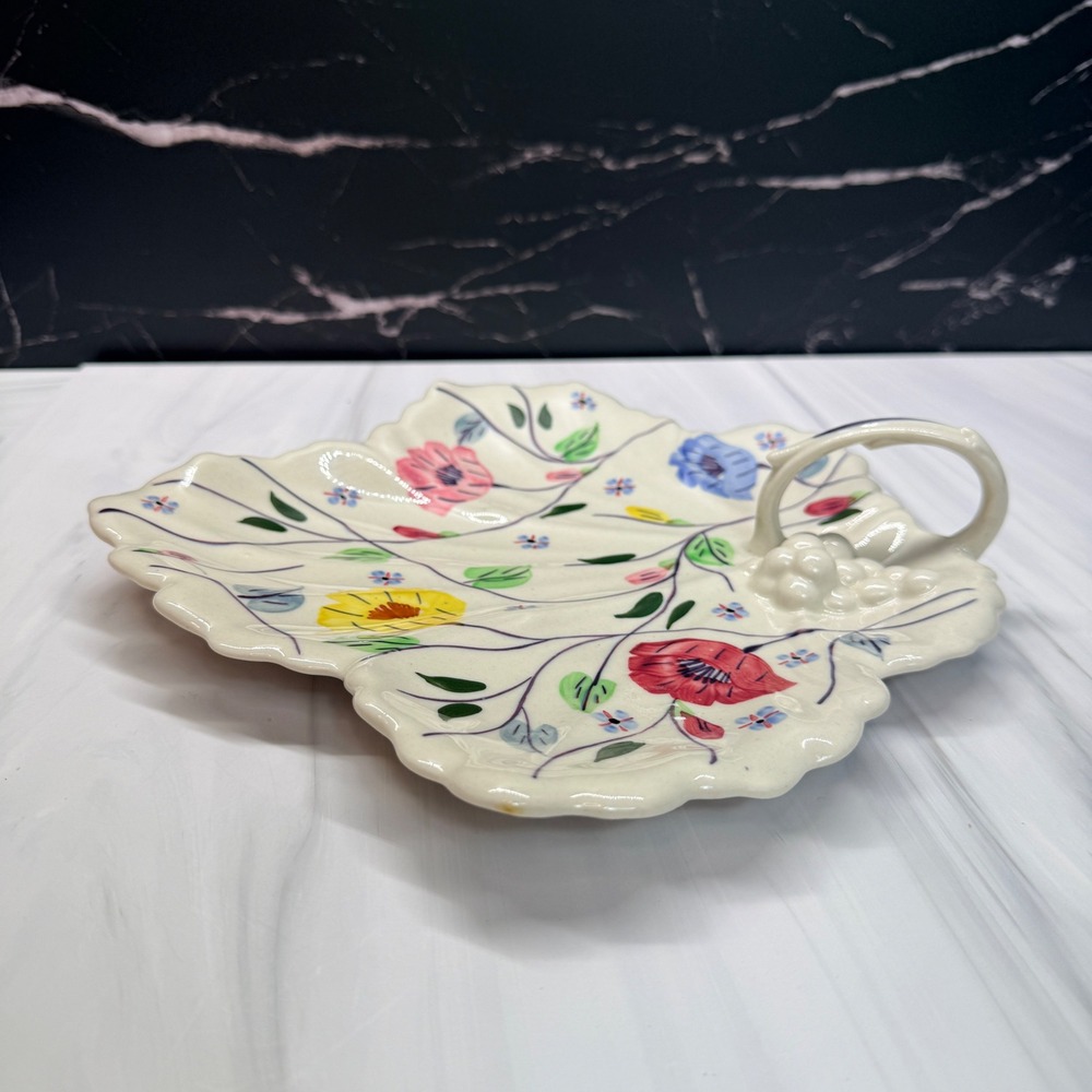 Blue Ridge Southern Potteries Hand Painted Floral Leaf Tray Grape Handle Dish